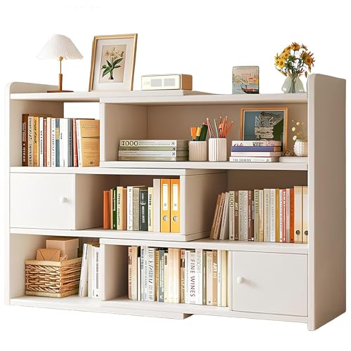 KINKUNCO Librero Organizador de Libros 3 Niveles con cajones librería Extensible en Longitud Estantería, para almacenar Libros en el salón el Estudio o el Dormitorio, Ideal para Organización (Blanco)