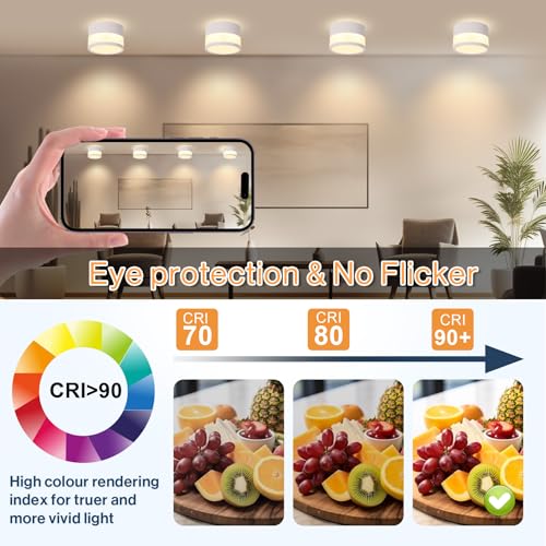 URing 4 x LED Surface-Mounted Spotlights, Dimmable, IP65 Ceiling Light, Surface-Mounted with Remote Control, App, 12 W Ceiling Spotlights, White, 2700 K - 6500 K, Surface-Mounted Spotlight, Flat Aluminium, 230 V Ceiling Light, Round Bathroom Lamp, Diameter 10 cm