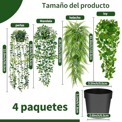 4 Piezas Plantas Colgantes Artificiales,Planta de Vid Adornos,Enredaderas Artificiales con Macetas,Hojas Falsas Decorativas,Decoración de Interior y Exterior,Para bodas,terrazas, casas,dormitorios