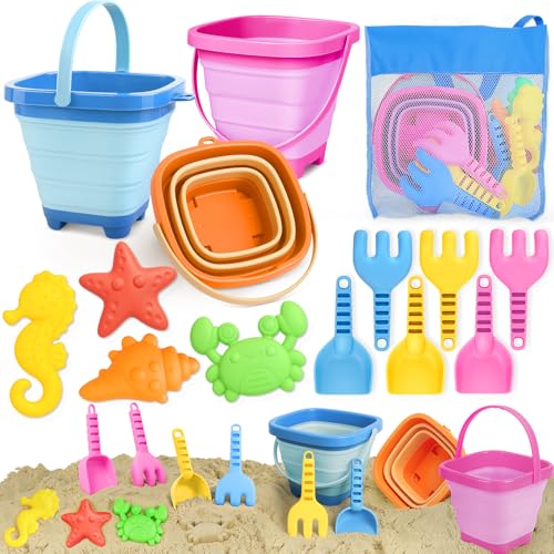 Dreamon Beach Sand Toys for Kids Bucket and Spade Castle Sand Pit Toy with Collapsible Folding Bucke and Marine Animal Moulds Indoor Outdoor Toys for Children Toddles Age 3 4 5 (14 PCS)
