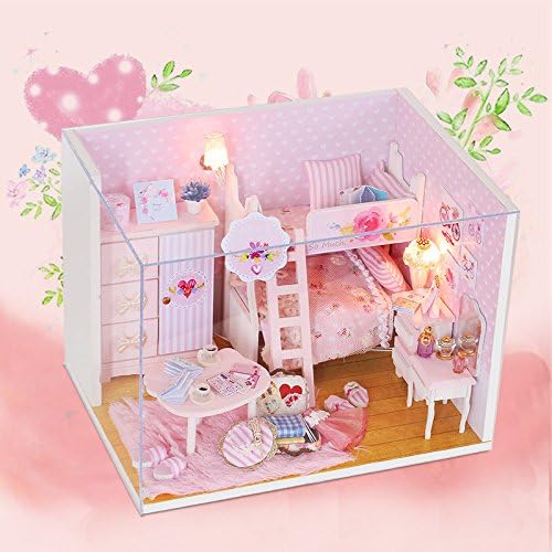 FunRun Wooden DIY Dollhouse Mini Handmade Kit For Girls Cabin Fairy Tale Home Decoration House, Handcraft Cute Wooden House Mini Bedroom Furniture Kit