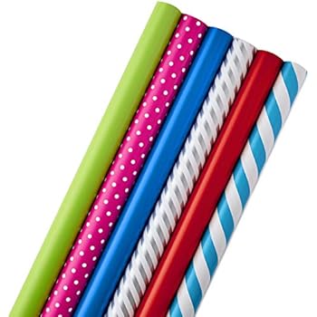 Hallmark All Occasion Wrapping Paper Bundle with Cut Lines on Reverse (Pack of 6; 180 sq. ft. ttl.) Solids, Polka Dots & Stripes for Birthdays, Christmas, Holidays, Weddings and More