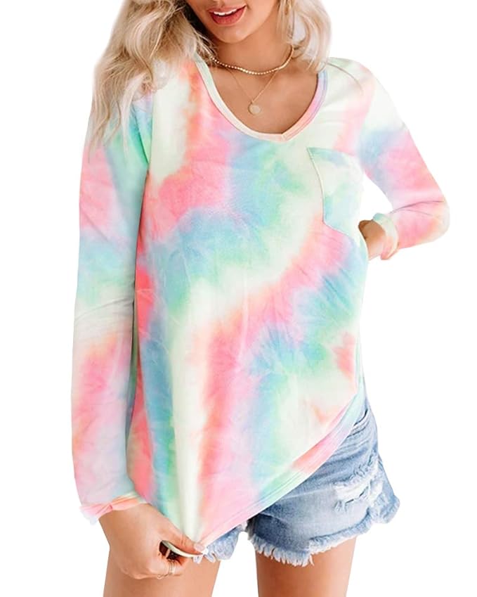 Buy Womens Plus Size Tie Dye TShirts Long Sleeve V Neck Color Block Casual Loose Tunic Tops