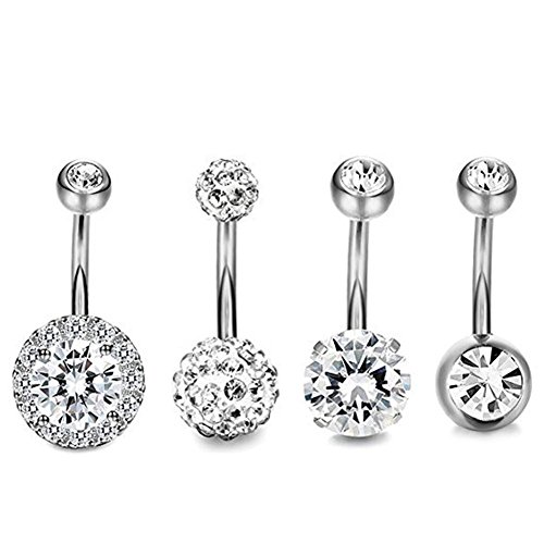 JDXN 3PCS14G Stainless Steel CZ Opal Belly Button Rings Navel Barbell Piercing Body Jewelry For Women (Silver Style 1/7pcs/set)