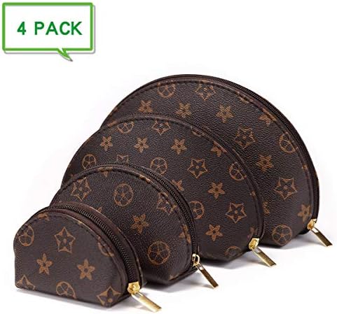 Luxury Checkered Make Up Bag Shell Shape Cosmetic Toiletry Travel Bags including 4 Size Bag (Brown Flower)