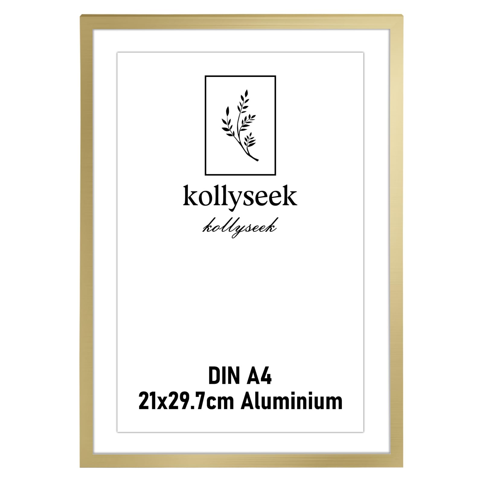 kollyseek Photo Frame Aluminum Din A4 21x30cm Metal Poster with Shatterproof Acrylic Glass Modern Display Picture Frame with Mount for Table Top/Wall Mounting (Gold)