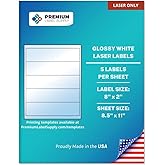 Premium Label Supply Glossy White Water Bottle Sticker Labels – NOT Waterproof – 8" x 2" – (5 per Sheet) (Glossy White for Laser Only, 50 Labels)