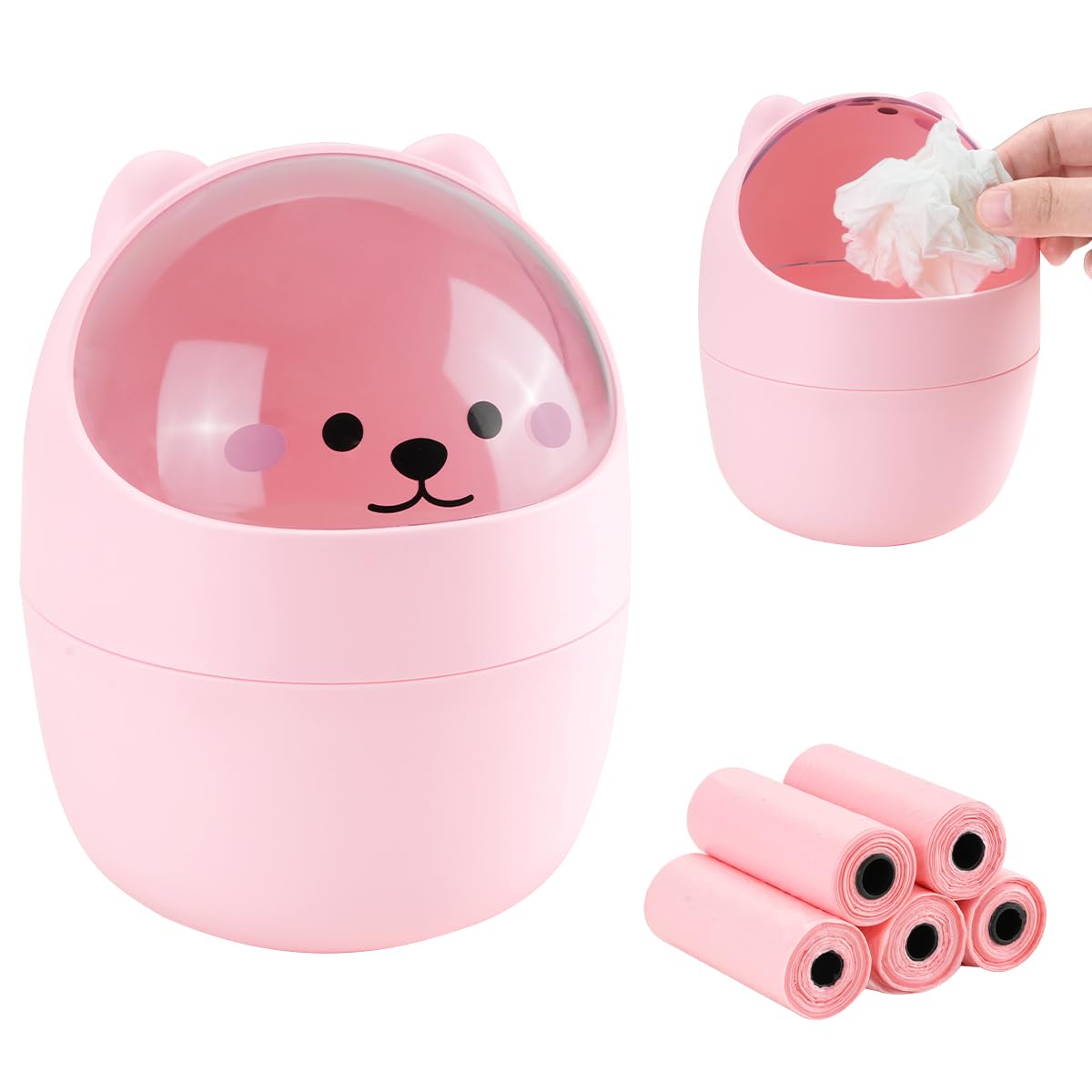 Photo 1 of IBEQUEM Mini Trash Can, Cute Small Trash Can with Lid, Desktop Paper Bin with 5 Rolls of Bin Liners, Portable Tabletop Dustbin, Cartoon Animal Rubbish Storage for Office Bedroom Desk Car Kitchen(Pink)