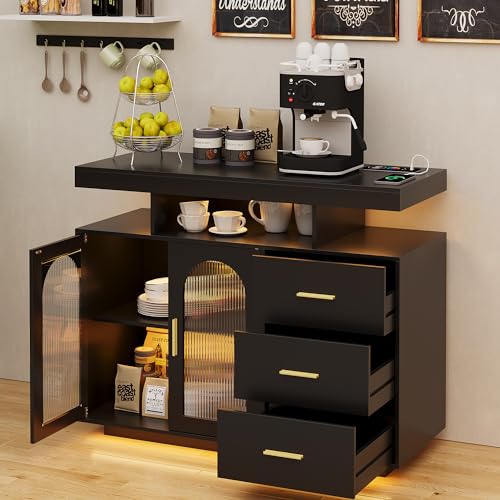 Dystler Sideboard Buffet Cabinet with Storage, 3 Drawers & 2 Doors, Auto-Sensor 20 Color Lights Console Table with Charging Station,Touch Control Console Coffee Bar Table for Kitchen, Dinning- White