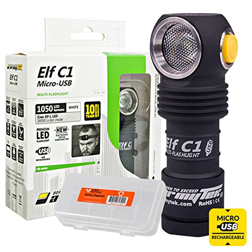 ArmyTek Elf C1 Micro-USB Rechargeable 1050 Lumens Magnetic Tailcap Multi-Use Headlamp Includes Rechargeable 18350 Li-ion Battery and Lumen Tactical Battery Organizer