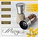 Luxury Salt and Pepper Grinder Set with Matching Stand - Upgraded Stainless Steel Salt Mill and Pepper Mill Shakers | Adjustable Ceramic Rotor | Easy Fill Blue Folding Funnel and an eBook by Meiry