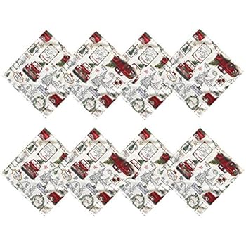 Newbridge Pine Hill Christmas Tree Farm Fabric Holiday Napkins Tablecloth - Nostalgic Retro Christmas Farm Truck Print Napkins, Set of 8 Napkins