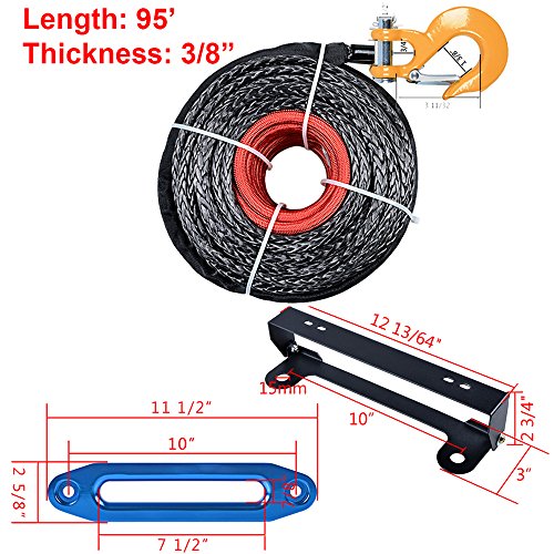 95' x 3/8" Synthetic Winch Rope Line Cable Heat Guard YELLOW Hook + 10" Anodized BLUE Hawse Fairlead + 254mm Flip-Up License Plate Holder Kit ATV UTV KFI Truck Recovery