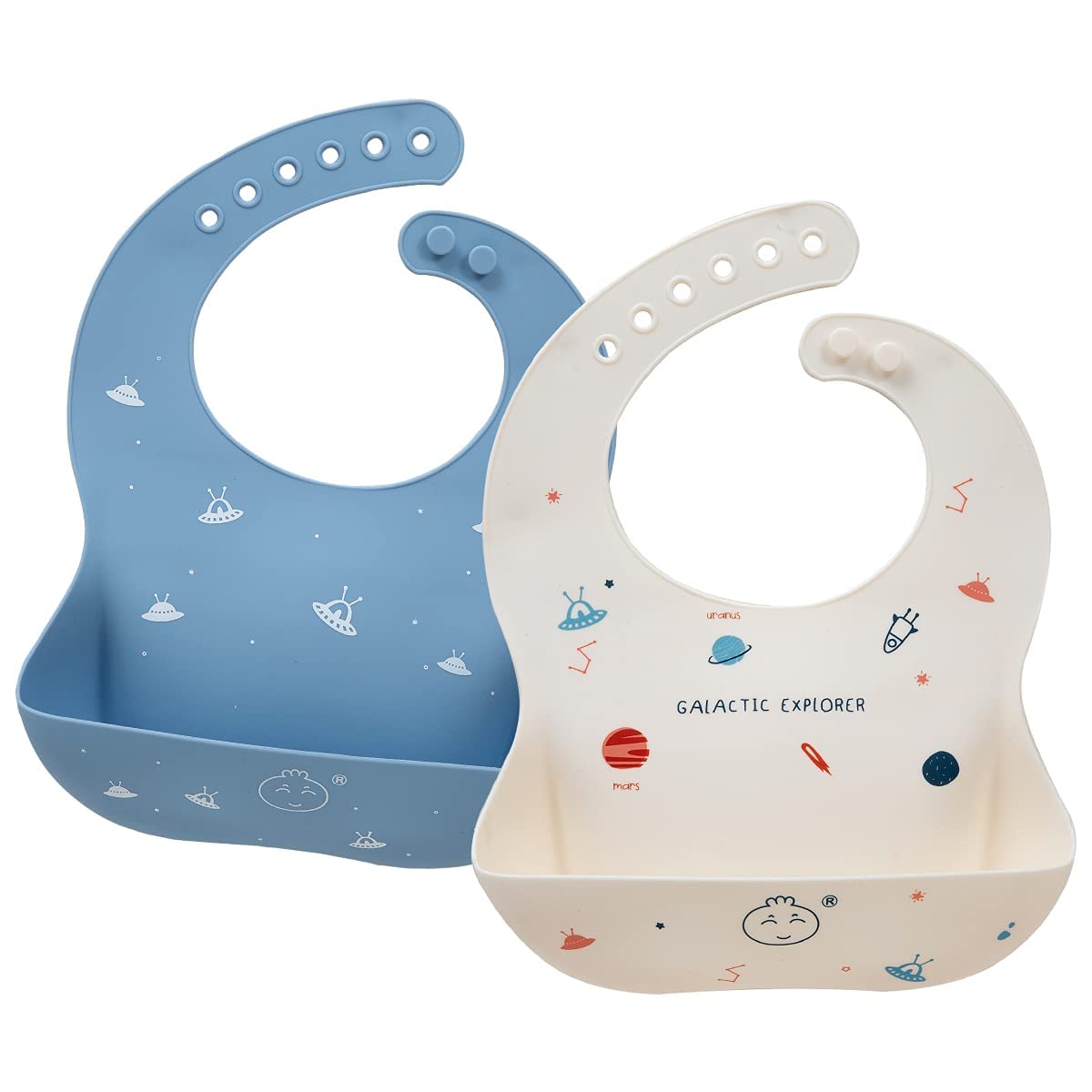 Little Dimsum Baby Bibs 2Pcs Silicone Baby Feeding Bibs Easily Adjustable and Wipe Clean Soft Waterproof Weaning Bibs Perfect Food Crumb Catcher for Babies &Toddlers(Glatic&Spaceship)
