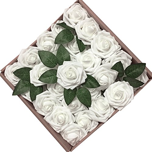 Artificial Flowers 50PCS Real Looking White Fake Roses with Stem for DIY Wedding Bouquets Centerpieces Party Baby Shower Home Decorations (White)