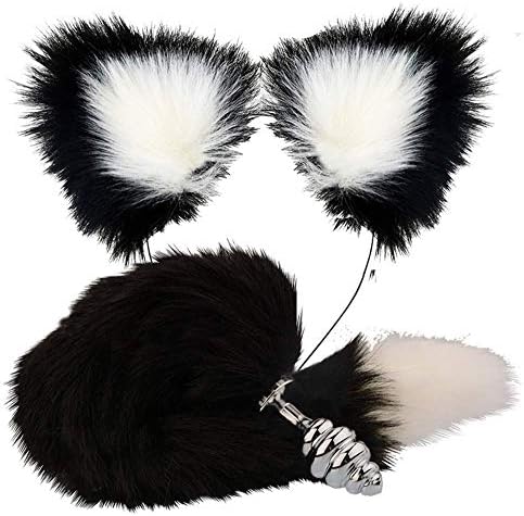 khjhgjgh Black with white Plush Cat Ears Headbands Faux Fox Tail for Halloween Costume Amal pl-ug Spiral head