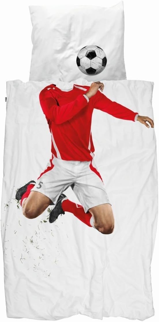 Snurk Soccer Champ, Percale Bedding Set, White/Red, Cotton, red, 135x200 / 80x80