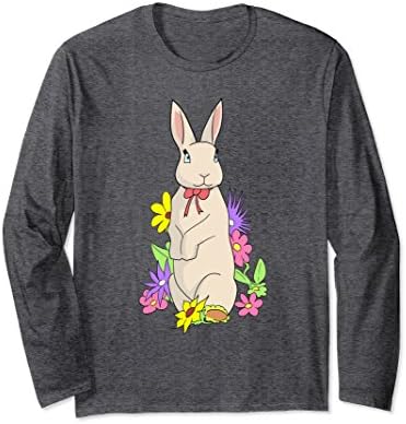 Unisex Cute rabbit bunny with colorful flowers Long Sleeve T-Shirt XL: Dark Heather