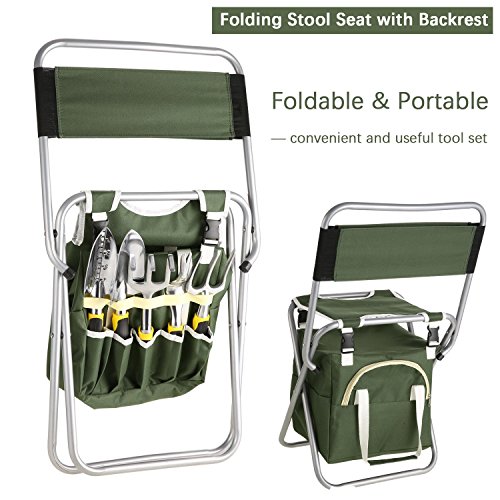 evokem Garden Tools Kit, 10 Piece Vegetable Herb Gardening Tool Set, Foldable Stool with Backrest and Zippered Detachable Tote, 5 Gardening Hand Tools, Gloves, Sprayer, 50M Plant Ties (US STOCK)