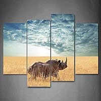 Yaoni 4 Piece Canvas Print,Contemporary Art, Modern Wall Decor,Rhino Rhinoceros Sun Shining Through Cloudy Sky Grassland Autumn,Giclee Artwork,Print on Canvas Animal The Picture