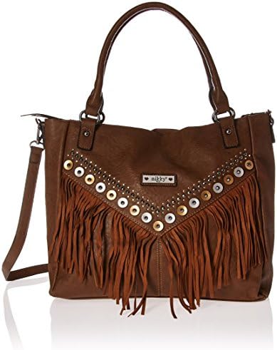 Nikky Fashion Fringe [Brown] Design Studded Women's Spacious Tote Bag Shoulder, One Size
