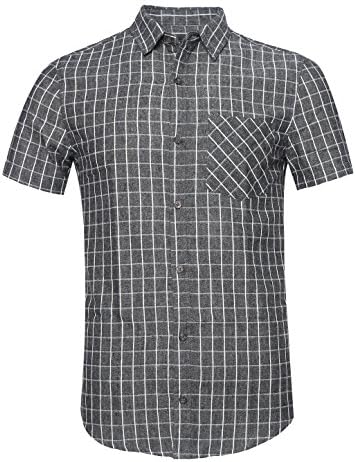 SOOPO Men's Casual Short Sleeve Button Down Shirts Bar Plaid Shirt 100% Cotton Black 2xl
