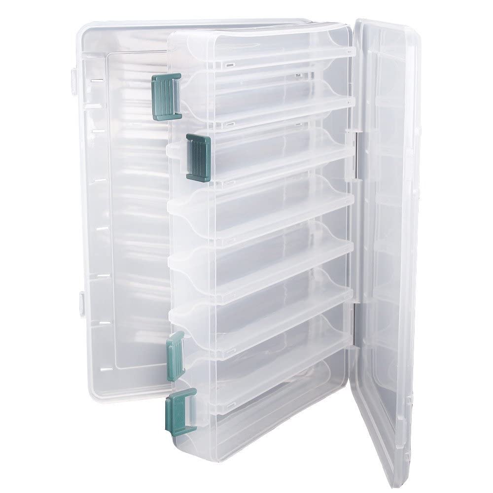 TOPIND Double Sided Fishing Lures Box Transparent Plastic Bait Hooks Boxes Terminal Tackle Bits Clear Storage Box Organizer Case 14 Compartments with Drain Hole Fishing Accessories