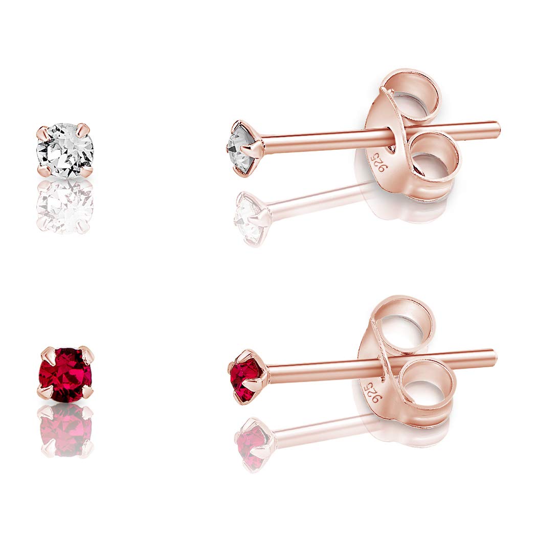 Small Solitaire Stud Earrings Set of 2 Pairs 925 Sterling Silver Rose Gold Plated 18K - Tiny Gold Studs 2 mm - Minimalist Sparkle Stud Earrings with Ruby and Clear Crystals