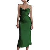 LYANER Women's Satin Cowl Neck Straps Slip Sexy Cut Out Cocktail Midi Dress Dark Green X-Small