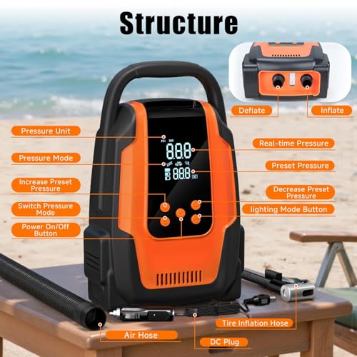 Camping Electric Pumps Electric Paddle Board Pump, 50PSI High Pressure Portable SUP Air Pump with Auto-Off and Deflation Function
