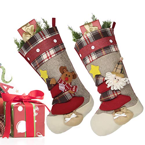 Aiduy Christmas Stockings, 3 Pack 18" Large Size Xmas Stockings Decorations with 3D Santa Snowman Reindeer Fireplace Hanging Stockings for Family Holiday Season Decor and Party Accessories