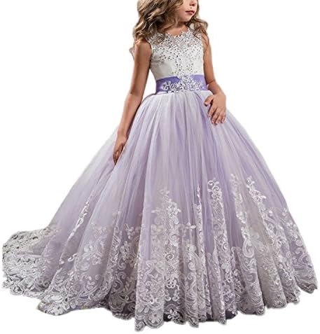 Princess Lilac Long Girls Pageant Dresses Kids Prom Puffy Tulle Ball Gown