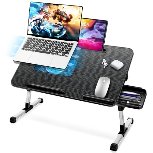 ICARE Bed Table, Laptop Table with Portable Refrigerator, Tablet Stand and Drawer, Folding Table, Adjustable Height and Angle, Tray for Bed, Sofa, Floor (53 x 30 cm, Black)