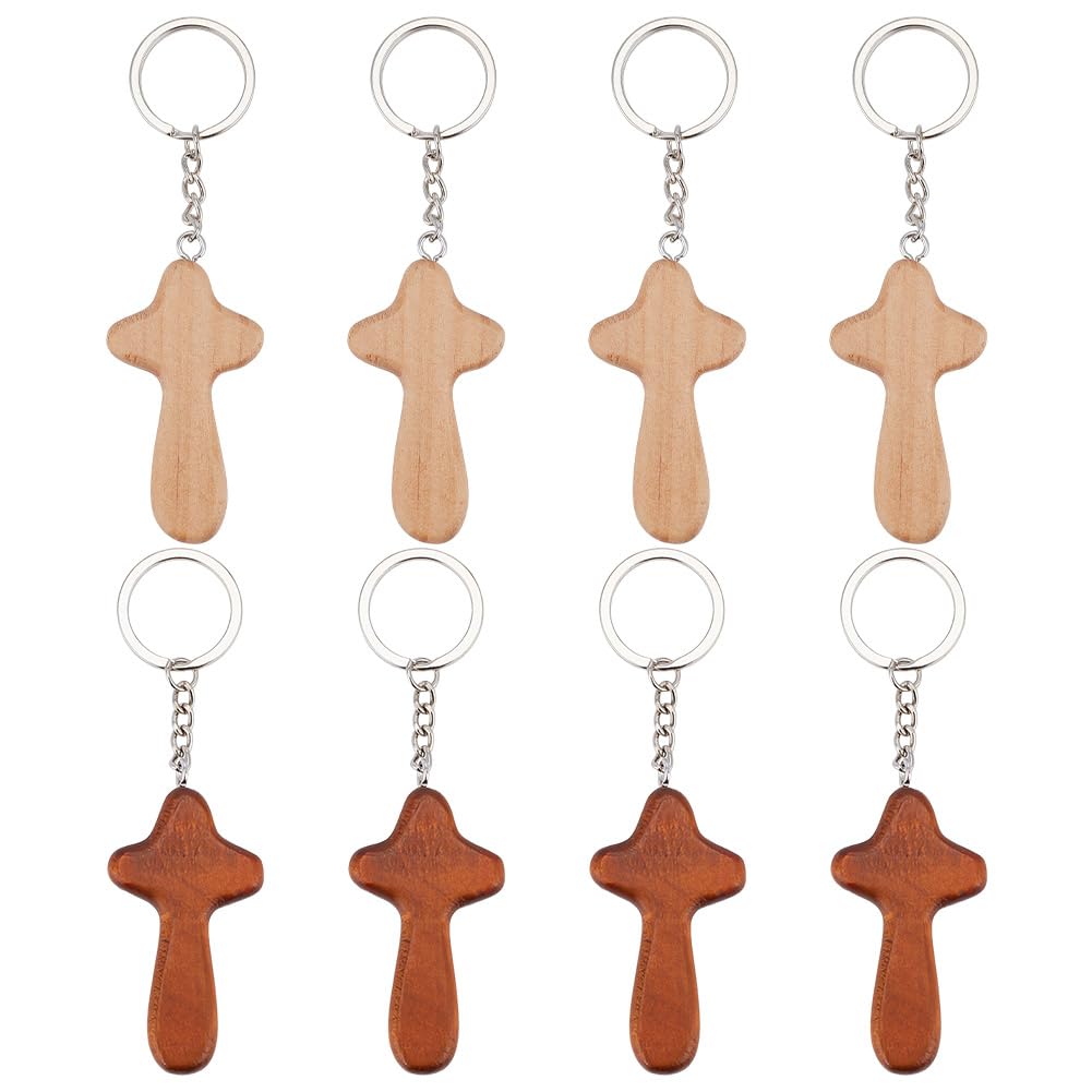 arricraft 8 Pcs 2 Colors Natural Wood Cross Pendants, Wood Cross Charm Keyring Mini Wooden Cross Keychains Cross Beads for Car Key DIY Arts Crafts Church Carnival
