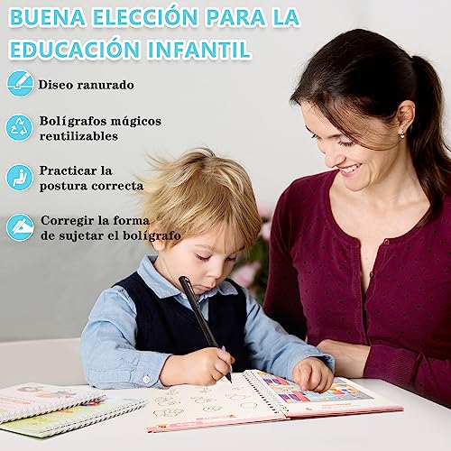 Larcenciel Reusable Spanish Calligraphy Notebooks, 4 Books + 1 Pen + 5 Refills, Magic Book for Learning to Write Reading from Children 3 4 5 Years (13 × 19cm)