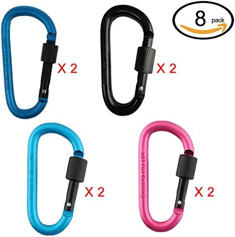KoMall Aluminum Alloy D Ring Locking Carabiner Keychain 8pcs/set (2 Black+2 Pink+2 Blue+2 Sky-blue)