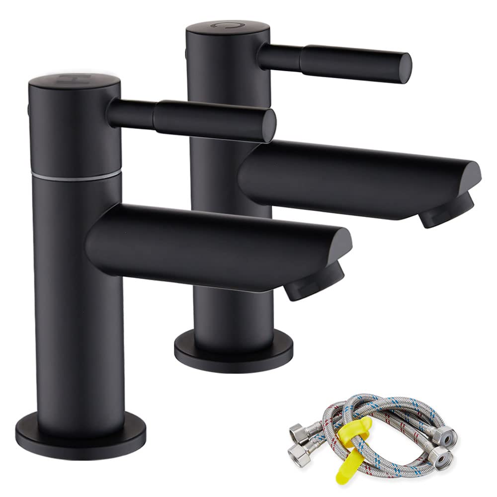 Ankoory Bathroom Basin Pillar Taps, Pair of Sink Taps for Washroom, Modern 2 Pcs Faucets, Hot and Cold Faucets with Flexible Tails, 1/4 Turn Ceramic Disc, Quick Installation, Brass (Matte Black)