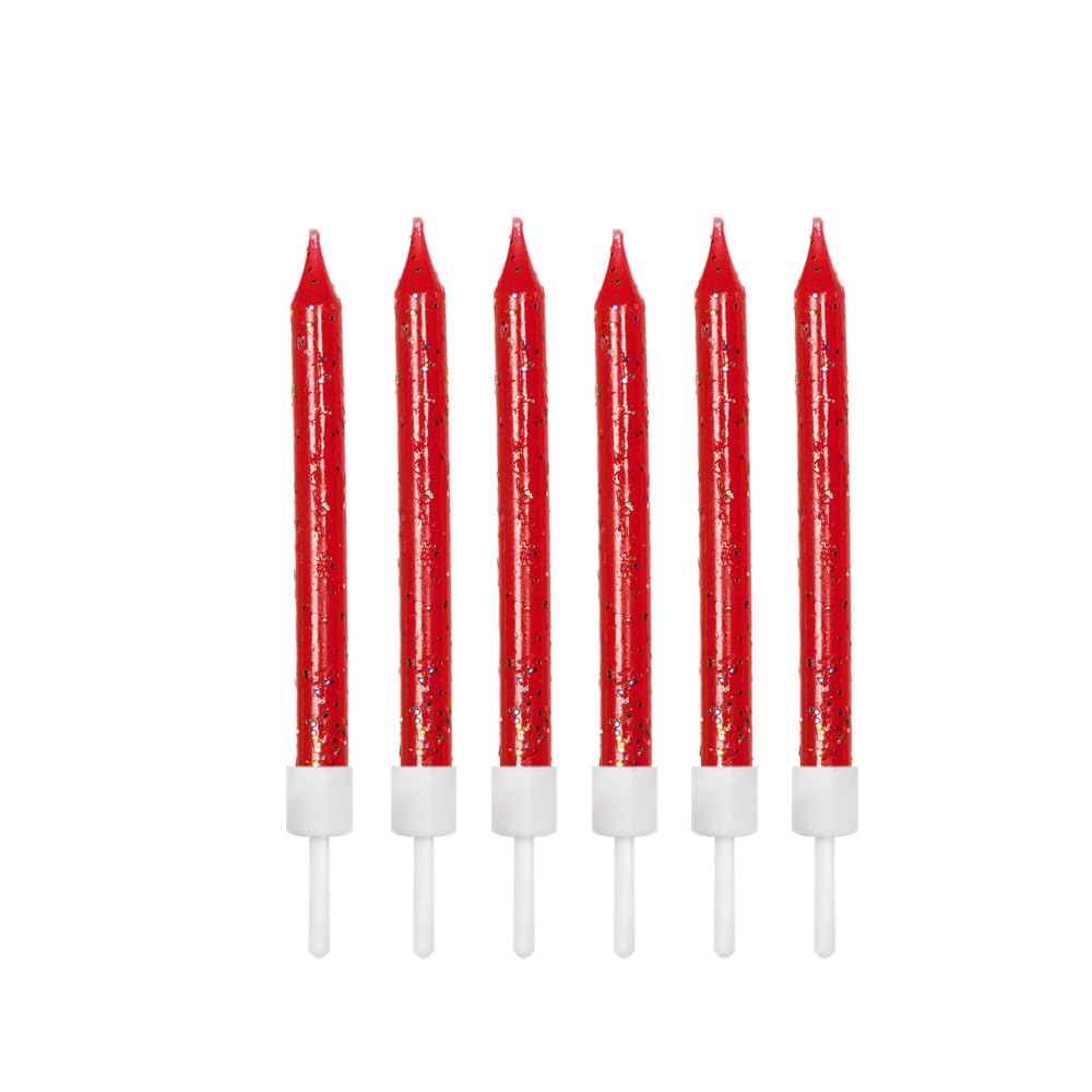 Anniversary House Red Glitter Birthday Candles Set of 12 - with Holders 7.5cm - Premium Cake Toppers for Birthday Decorations, Anniversary & Celebration - Elegant Birthday Candle Pack