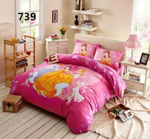 Sisbay Mermaid Fairy Girls Cartoon Bedding,Princess Pink Print Duvet Cover,Kids Queen Size Bed Fitted Sheet,4PC