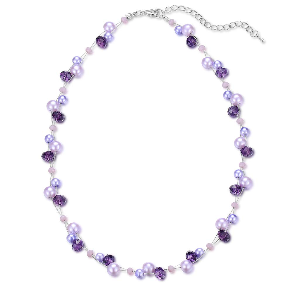 BULINLIN Short Beaded Pearl Necklace for Women, Silver Handmade Statement Necklace with Crystal Beads Fashion Jewellery Birthday Gifts for Her(Purple)