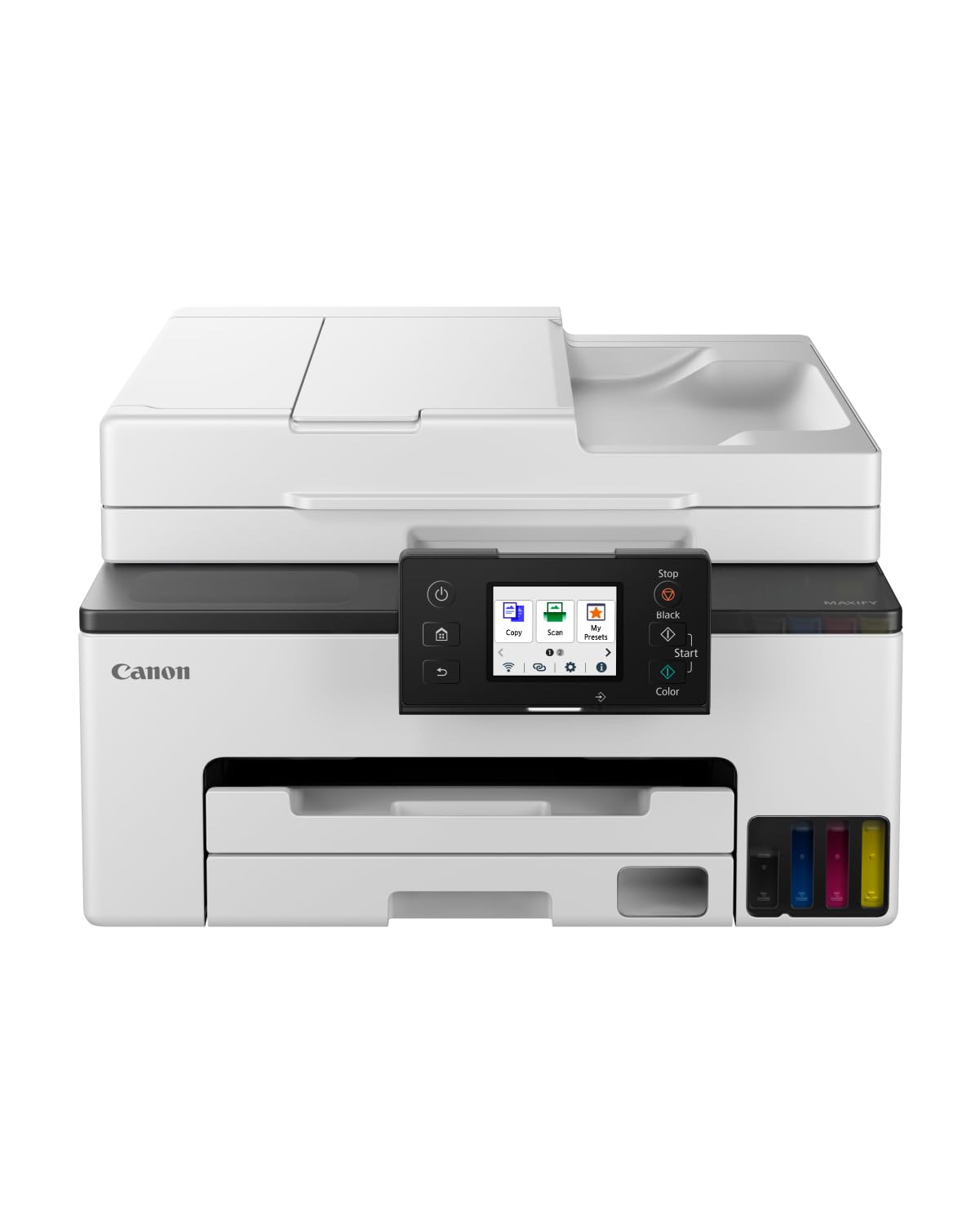 Canon MAXIFY GX2050 Tintenstrahldrucker 4-in-1 Multifunktionsgerät DIN A4 (Drucker, Scanner, Kopierer, Fax, ADF, 600x1200 DPI, WLAN, USB, 15/10 ISO-Seiten/Min., Duplexdruck, 250 Blatt Kassette) weiß
