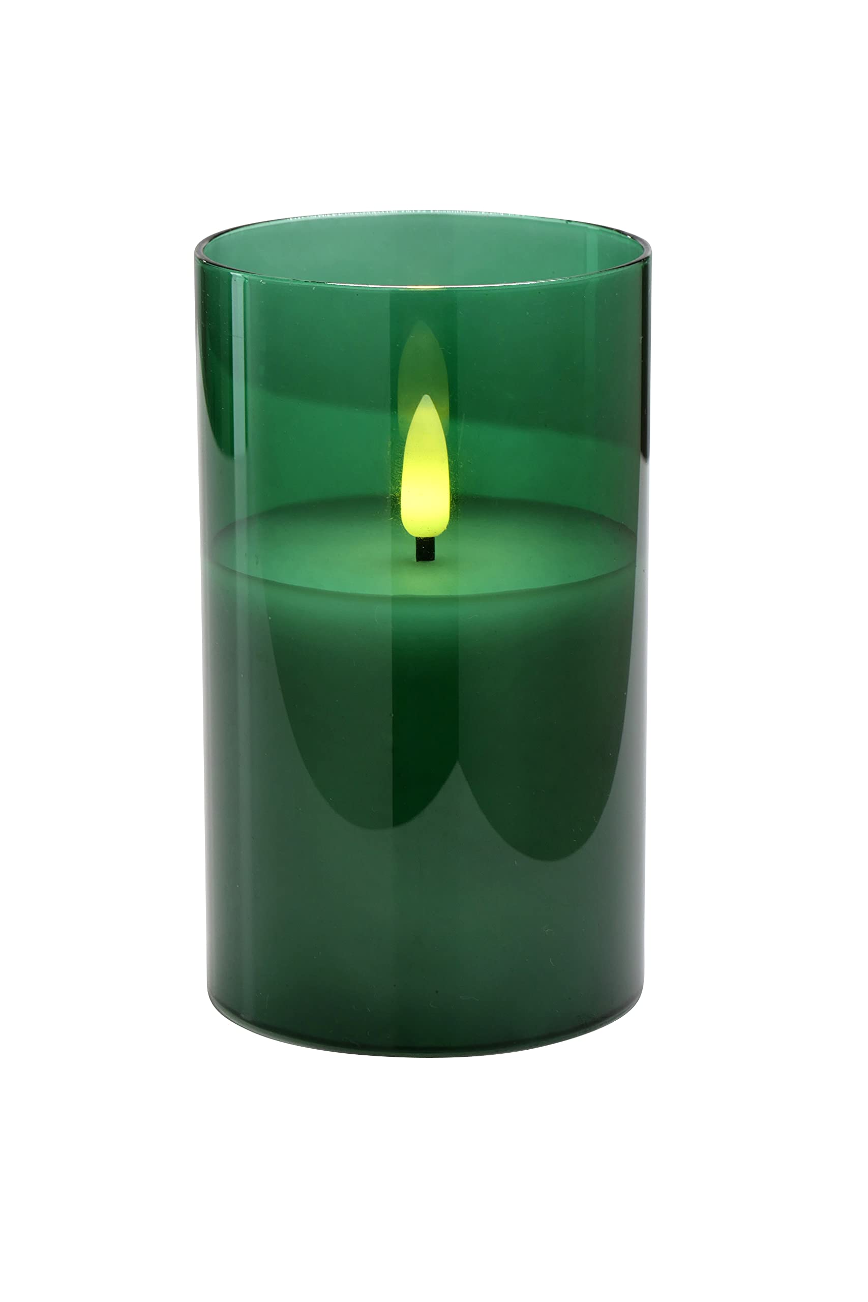 Klocke Dekorationsbedarf Elegant LED Candle in Glass Timer Realistic Flickering (Green, Height: 12.5 cm - Diameter: 7.5 cm)