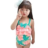 Saidi Girls One Piece Swimsuit Green Bow Pink Tiered Skirt Flower
