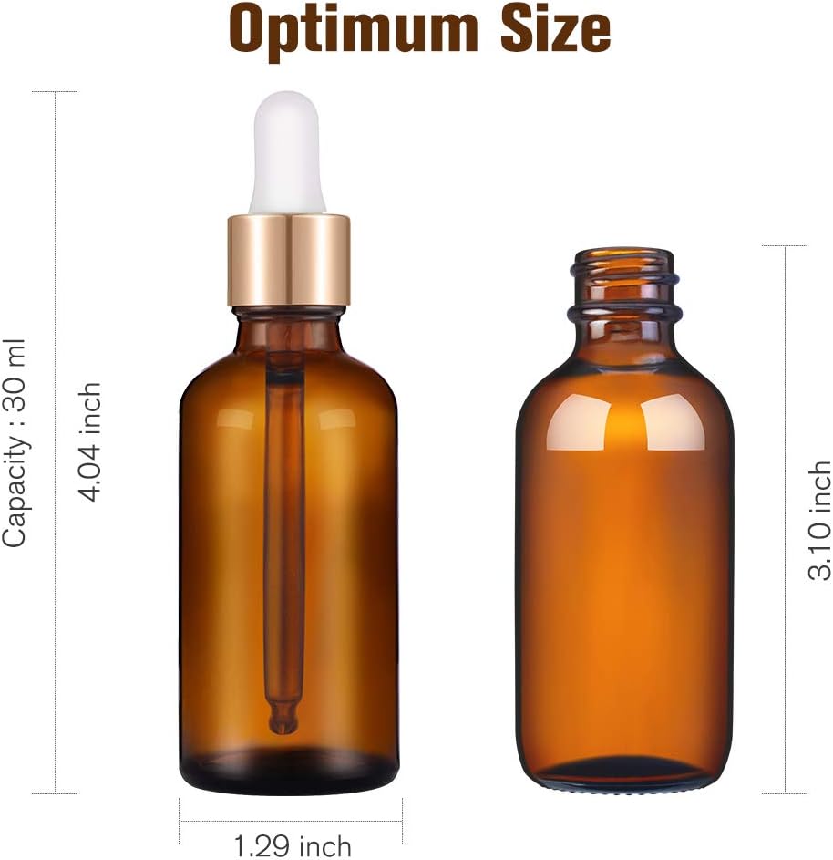 PrettyCare Eye Dropper Bottle 1 oz ( 4 Pack Amber Glass Bottles 30ml with Golden Caps, 1 Extra Plastic Measured Pipettes, 12 Labels, Funnel ) Empty Tincture Bottles for Essential Oils, Perfume: Home & Kitchen