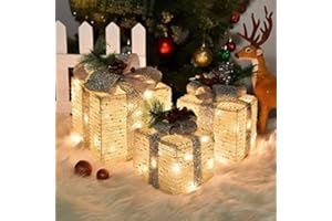 COVFEVER Christmas Lighted Gift Boxes, Pre-lit Lights Gold Linen Cloth Gift Boxes, Light up Present Boxes Set Battery Operated with Different Sizes for Holiday Indoor Outdoor Decorations