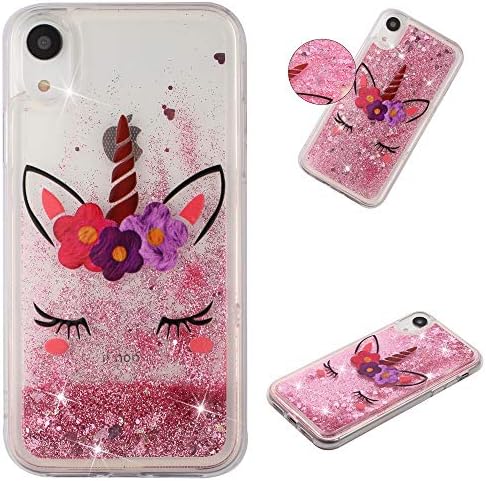 MerKuyom [Crystal Floating Liquid] Case For Apple iPhone X, iPhone Xs 5.8", Soft TPU Transparent Flowing 3D Bling Sparkling Glitter Case Cover + Stylus (Pink Fliower Sleeping Unicorn, For iPhone X/Xs)