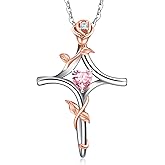 RIVIKO Rose Flower Cross Necklace for Women,925 Sterling Silver Birthstone Necklaces Heart Pendant,Cross Jewelry Anniversary Birthday Gifts for Women Wife Mom Lady