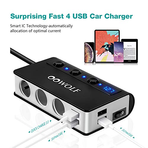 OOWOLF Cigarette Lighter Adapter Quick Charge 3.0 180W 12V/24V 3-Socket Splitter 4 USB Ports Car Power Adapter for GPS, Dash Cam, Sat Nav, Phone, iPad, Tablet, etc