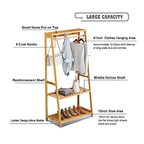 Ufine Bamboo Clothes Rack Heavy Duty Garment Rack Coat Hanging Stand with 6 Hooks, 3 Tier