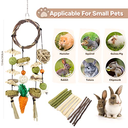 Rabbit Toys, HOSFROLL Bunny Chew Toys Cage Hanging Guinea Pig Toys Rattan  Ring with 12Pcs Sticks Snacks for Ra